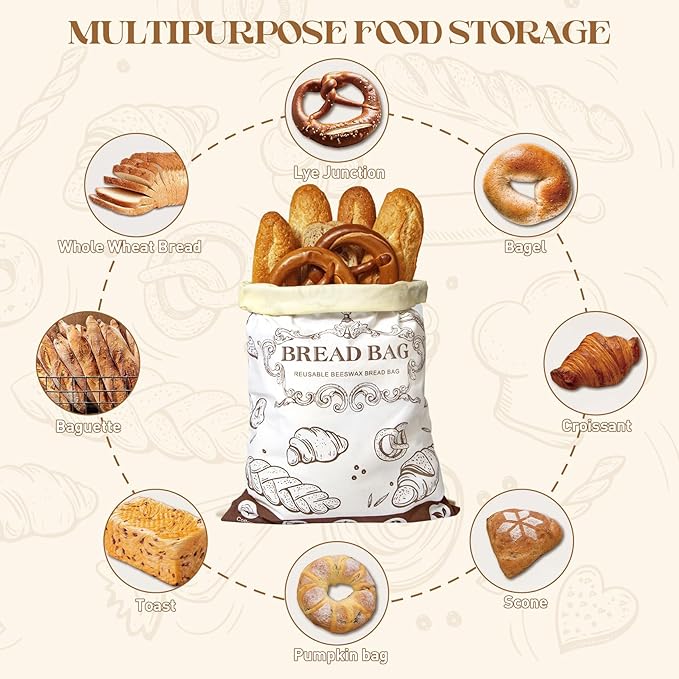 2 Pack Bread Bag for Homemade Bread,17“x12 Reusable Beewax Food Storage Bags with Beeswax Lining,Natural Cotton Storage Bag Sourdough Bread Bags,XL Beeswax Bread Bag for Fresh Bread Storage