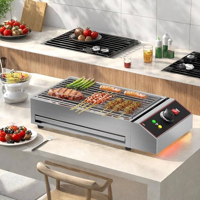 Takywep Electric Barbecue Grill, Smokeless Indoor Outdoor BBQ Grill, Portable Countertop Grill with Adjustable Temperature 122°F-572°F, Stainless Steel, 1800W, for Home Restaurant Party Camping