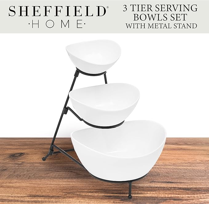 Sheffield Home 3 Tier Stoneware Large Serving Bowls Set with Metal Stand - Microwave & Dishwasher Safe Fruit Bowl & Chip and Dip Servings Set - Serving Dishes for Party, Kitchen & Side Dishes (White)