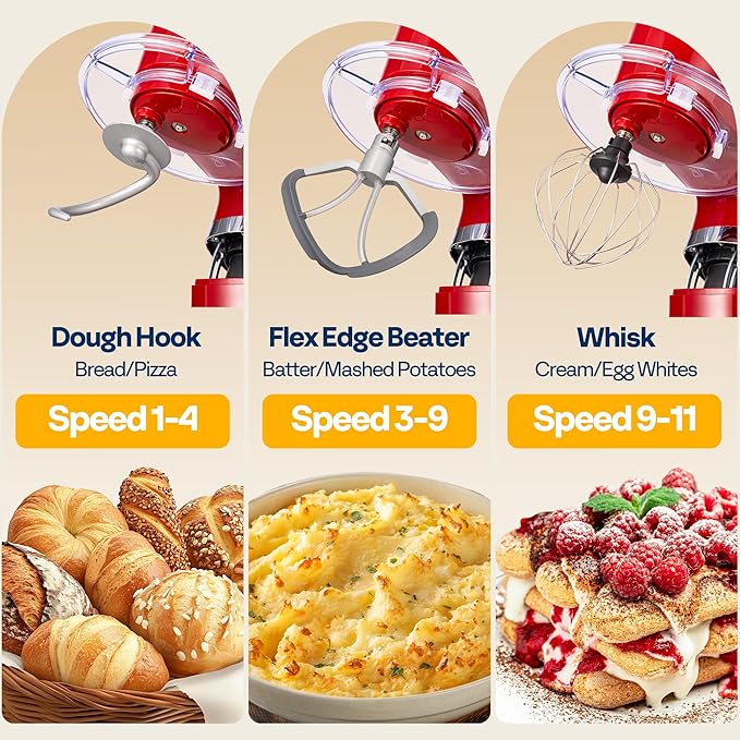VIVOHOME Stand Mixer with Fermentation, One-Touch Presets Electric Dough Mixer with 6 Qt Bowl, Kitchen Standing Mixer for Baking, Cake with Flex Edge Beater, Bread Hook, Whisk, Red