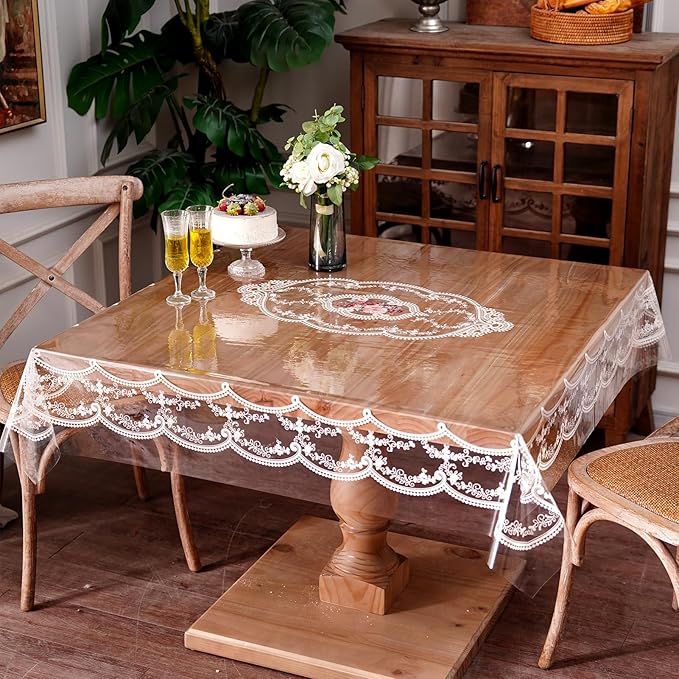 Clear Table Cover Protector Vinyl PVC Square Table Cloth with White Lace Pattern Oil Spill Proof Plastic Tablecloths for Dining Tables Parties Holidays (French Lace, 55 x 55 Inches)