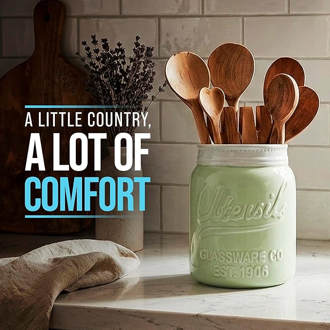 Comfify Wide Mouth Mason Jar Utensil Holder Decorative Kitchenware Organizer Crock, Dishwasher Safe - Kitchen Caddy Green, Large Size 7" Hight