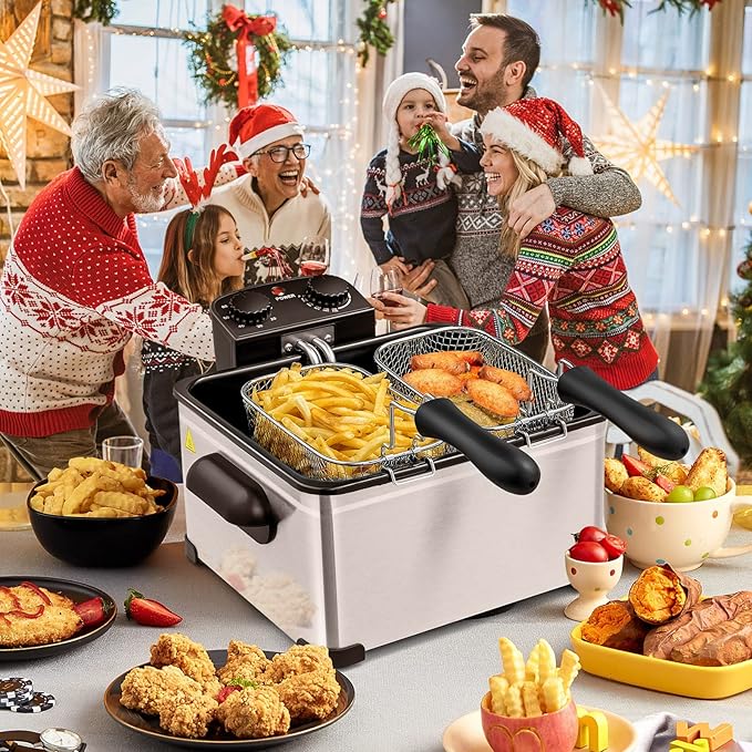 Giantex 1700W Electric Deep Fryer with 3 Baskets, 5.3QT/21-Cup Frier Cookers Home Fryer, Large Oil Container, Lid with View Window, Adjustable Temperature and Timer, Family Kitchen Restaurant Use