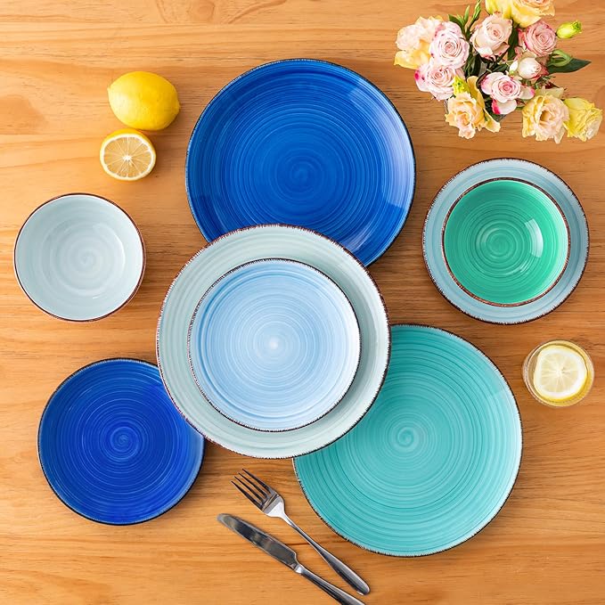vancasso Bonita Plates and Bowls Sets 18 Pieces Blue Stoneware Service for 6, Modern Round Dinnerware Sets, Hand-Painted Spiral Dishes Set-Microwave and Dishwasher Safe (Blue,18 Pcs)