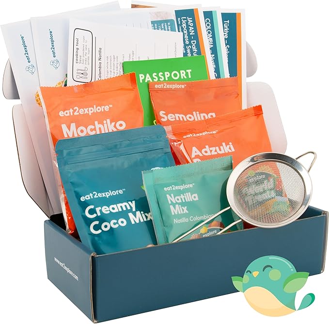 eat2explore Kids Real Dessert Baking Kit for Families | Includes 3 Recipe Cards from Japan, Turkey and Columbia with Key Ingredients, Baking Tools, Perfect for Families and Homeschooling