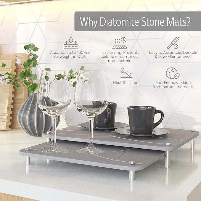 Large Stone Drying Mat for Kitchen Counter | 15.8” x 11.8” Dish Drying Mat Large | Diatomaceous Earth Collapsible Stone Dish Drying Mat | Collapsible Stone Mat for Kitchen Counter (Light Gray)