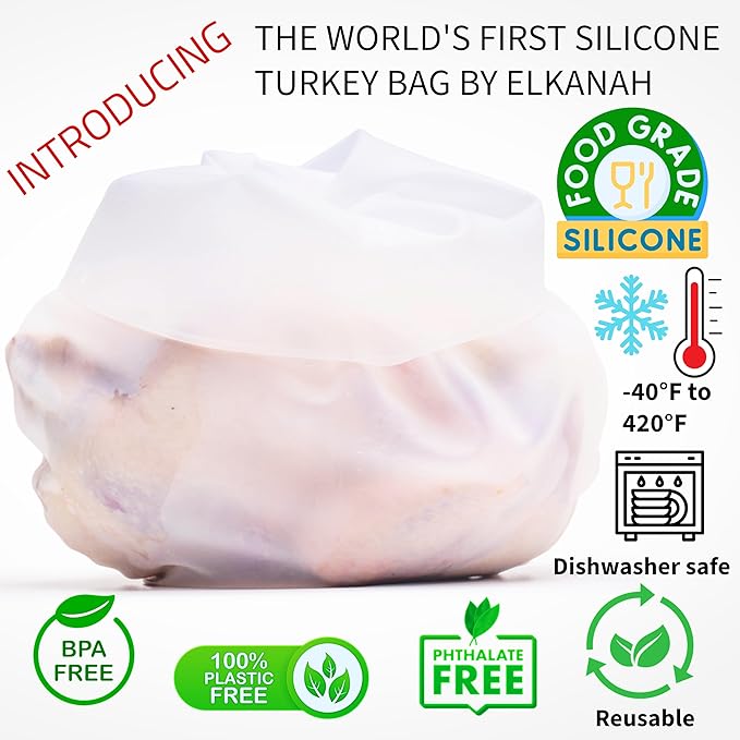 Elkanah Reusable Silicone Turkey Bags for Roasting|Oven Bags|Brining|Cooking|Sous Vide|Seafood Boil|Bread Proofing|Baking Bags Extra Large Size Upto 30lbs | 100% Pure Platinum, 7 Gallon Bag, Reusable Turkey Bag, Baking Utensils