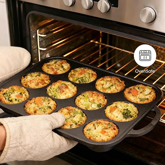 Flavehc 2pack Cast Iron Muffin Pans for Baking 12 Cup Regular Size Cupcake Pan with Handle Pre-Seasoned Muffin Pans Molds
