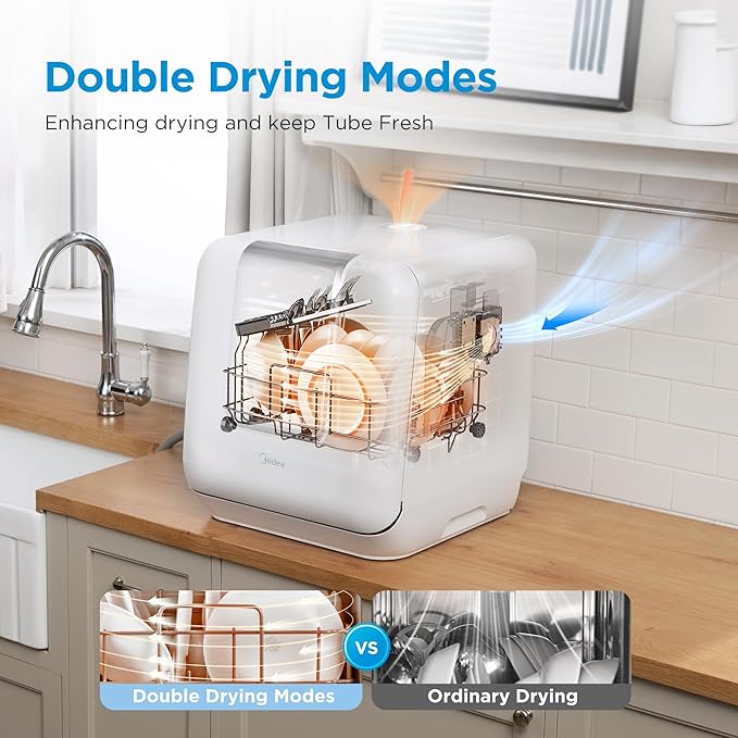 Midea MDC17P2DWW Countertop Dishwasher Portable with 6L(1.59G) Built-in Water Tank, 5+2 Programs, Auto Door Open, Dual Drying System, Energy-Saving and Odor Removal, for Apartments, Dorms& RVs, White
