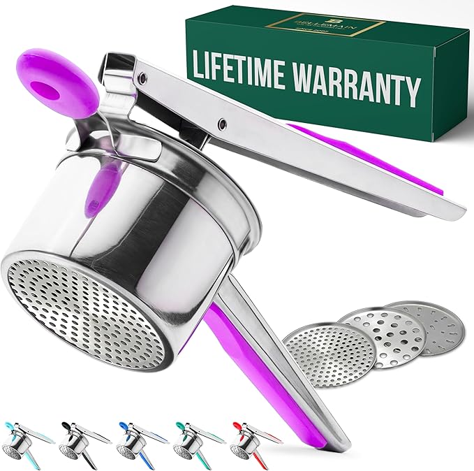 Bellemain Heavy-Duty Stainless Steel Potato Ricer & Masher | 15 oz, Perfect for Mashed Potatoes | Kitchen Tool with 3 Interchangeable Discs (Purple)