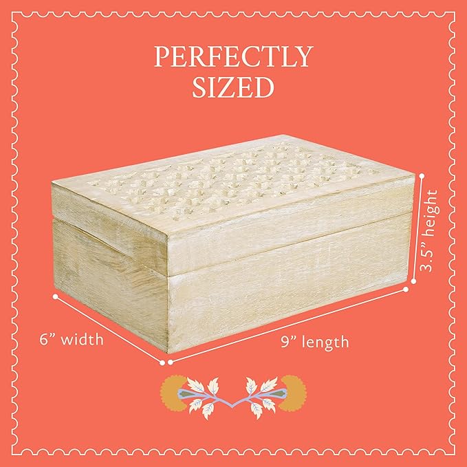 Mela Artisans Trellis Mango Wood Decorative Storage Box – Hand-Carved Wooden Jewelry Box for Keepsakes, Accessories & Home Decor – Whitewash, Large, 9 x 6 x 3.5