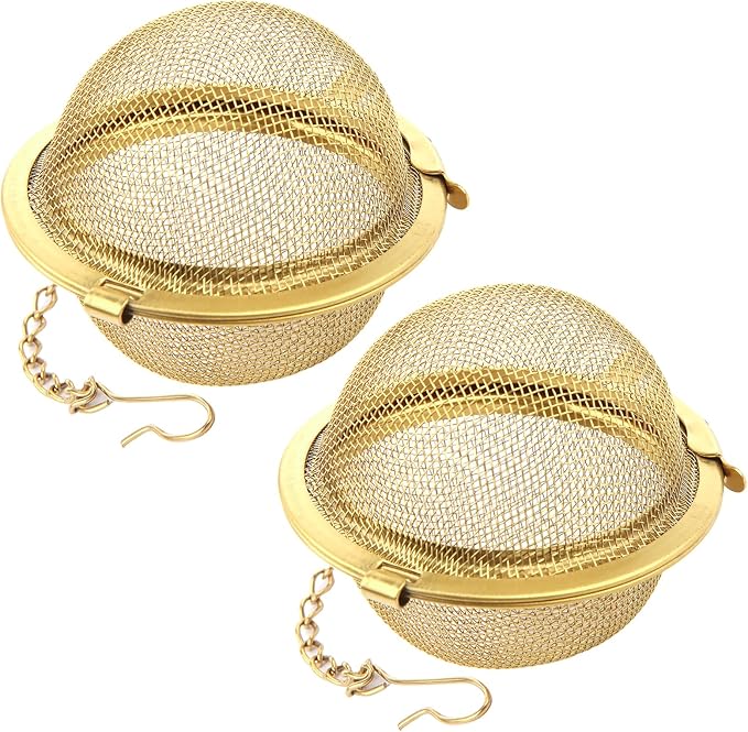 Luckyiren Tea Ball Infuser with Chain;; Premium Stainless Steel Fine Mesh Screen Tea Strainer Filters Colander Cullender Sieve Infusion Steeper Maker for Loose Leaf Tea Herbs, 2 Pieces, Golden