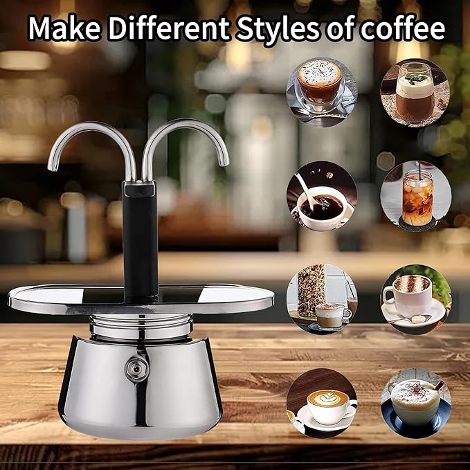 Stainless Steel Moka Pot,2 Cup Stovetop Double Spout Espresso Maker, Easy to operate, Making Coffee Quickly,100ML Moka Pot for Home Outdoor Camping