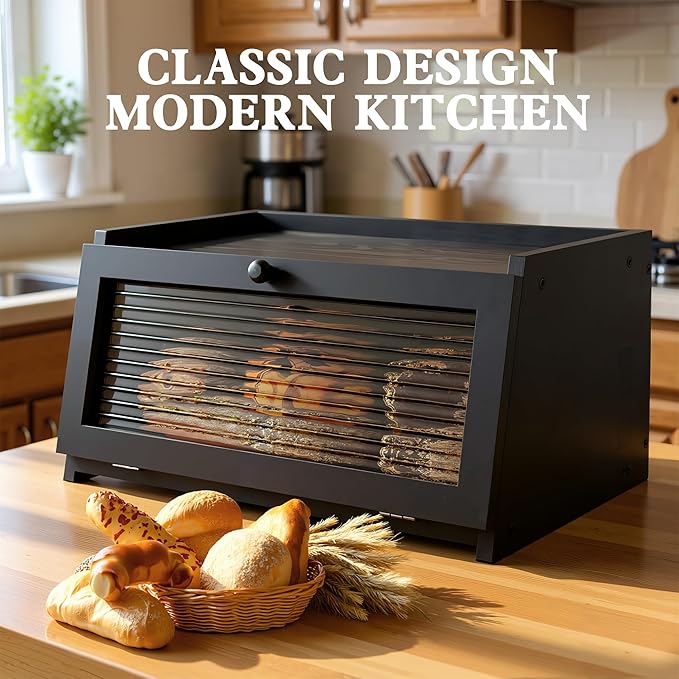 LOHASOK Bread Box for Kitchen Countertop Large Bread Box Farmhouse Bread Container Bread Storage with Window Bread Holder Black