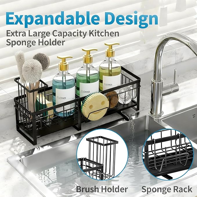 Extra Large Extendable Sponge Holder for Kitchen Sink, Rustproof Sink Caddy Organizer with High Brush Holder, Dish Soap Dispenser Organizers and Storage (Black)