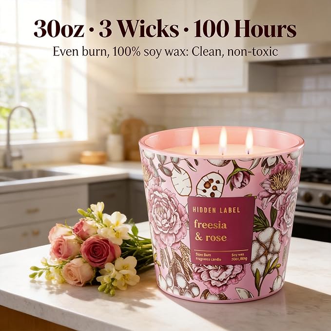 Freesia Rose Scented Candle, 30oz 3-Wick Natural Soy Wax, Up to 100 Hours Long-Lasting Clean Burn, Non Toxic Large Jar Aromatherapy Candle, Freesia Rose, Gifts for Women
