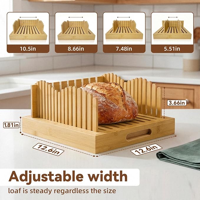 Adjustable bread slicer and multi-purpose tray for slicing handmade bread, sourdough, large loaves, baguettes, and other homemade breads. Suitable for home bakers and bread enthusiasts.