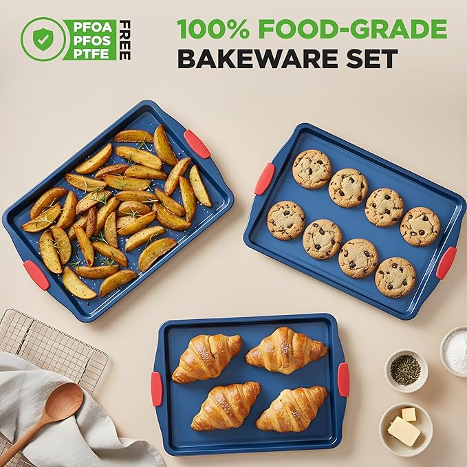 NutriChef Nonstick 3-Piece Baking Pans Set – Carbon Steel Bakeware with Blue Coating Inside & Outside and Red Silicone Handles, Durable and Reliable, Effortless Baking and Easy Cleanup (Blue)