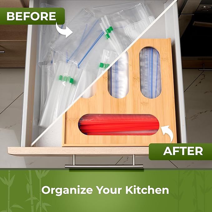 Bamboo Storage Bag Organizer, Sandwich Bag Organizer - Single Block Design for Kitchen Organization, Baggie Organizer for Drawer - Quick Refill Slider, Fits Half Gallon, Quart, Snack Size Bags