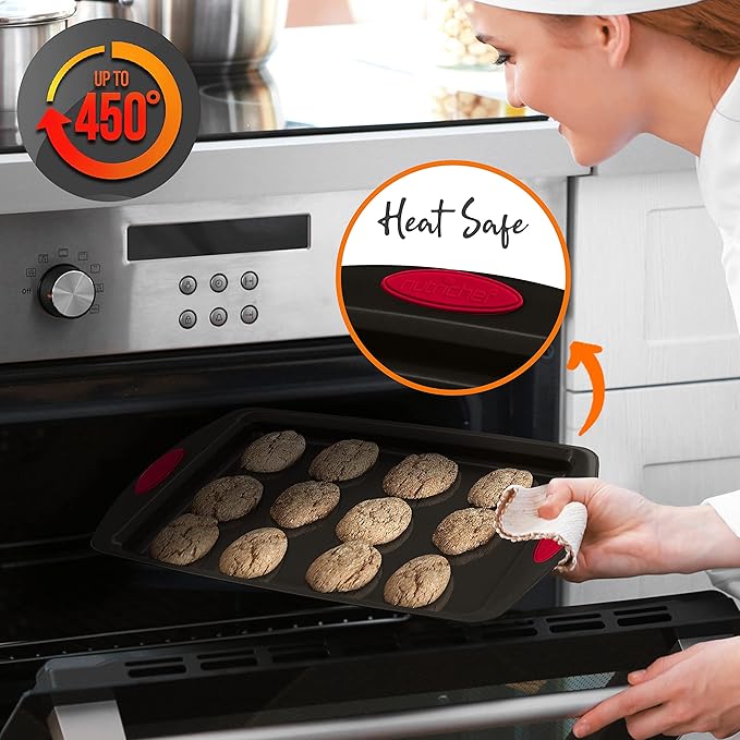 NutriChef 6-Piece Baking Pan Set - Carbon Steel Stackable Bakeware with Red Silicone Handles & Nonstick Coating, Includes Cookie Sheets, Roaster Pan with Lid, Loaf Pan, and 12 Cup Muffin Pan (Black)