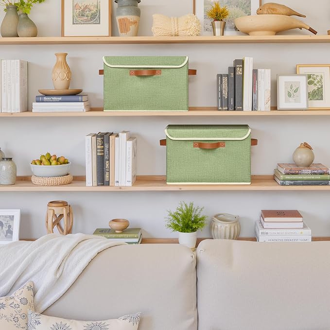 GRANNY SAYS Fabric Storage Bins with Lids, Decorative Storage Boxes with PU Handles, Keepsake Memory box, Shelf Baskets for Closet, Sage Green, Large, 2-Pack