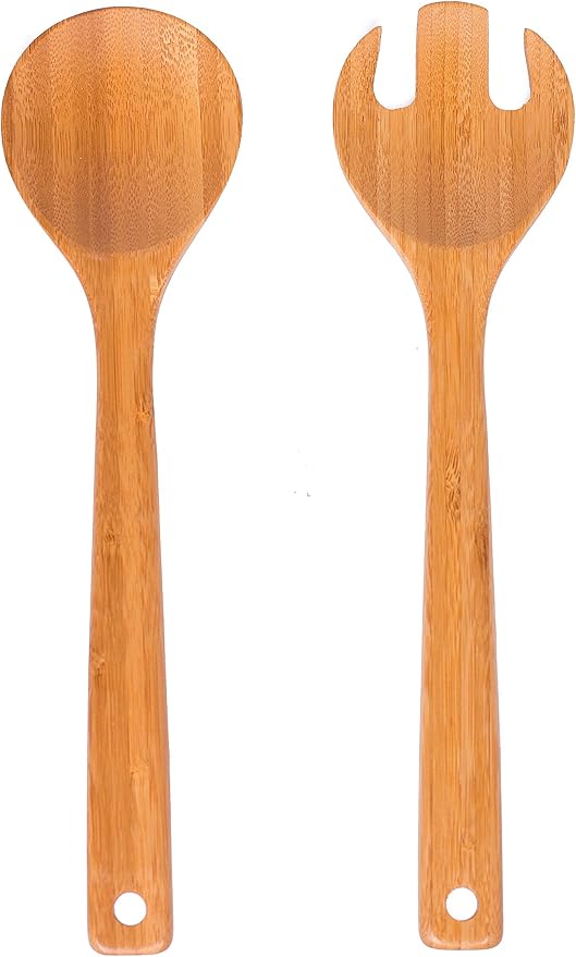 BIRDROCK HOME Bamboo Salad Servers 2-Piece Set - Bamboo Spoon & Fork Set - Salad Utensils for Cooking and Serving - Ideal Salad Spoons for Tossing & Mixing - Durable Serveware for Kitchen & Dining