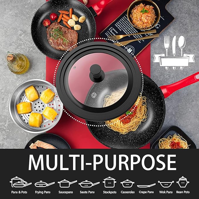 Universal Lid for Pots, Pans and Skillets - Tempered Glass with Heat Resistant Silicone Rim and Heat Resistant Handle Fits 10", 11" and 12" Diameter Cookware, Black