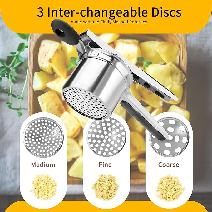 Potato Ricer Stainless Steel with 3 Interchangeable Discs, Heavy Duty Potato Masher & Squeezer, Hand Ricer for Mashed Potatoes and Food Press, Easy to Clean Kitchen Gadgets