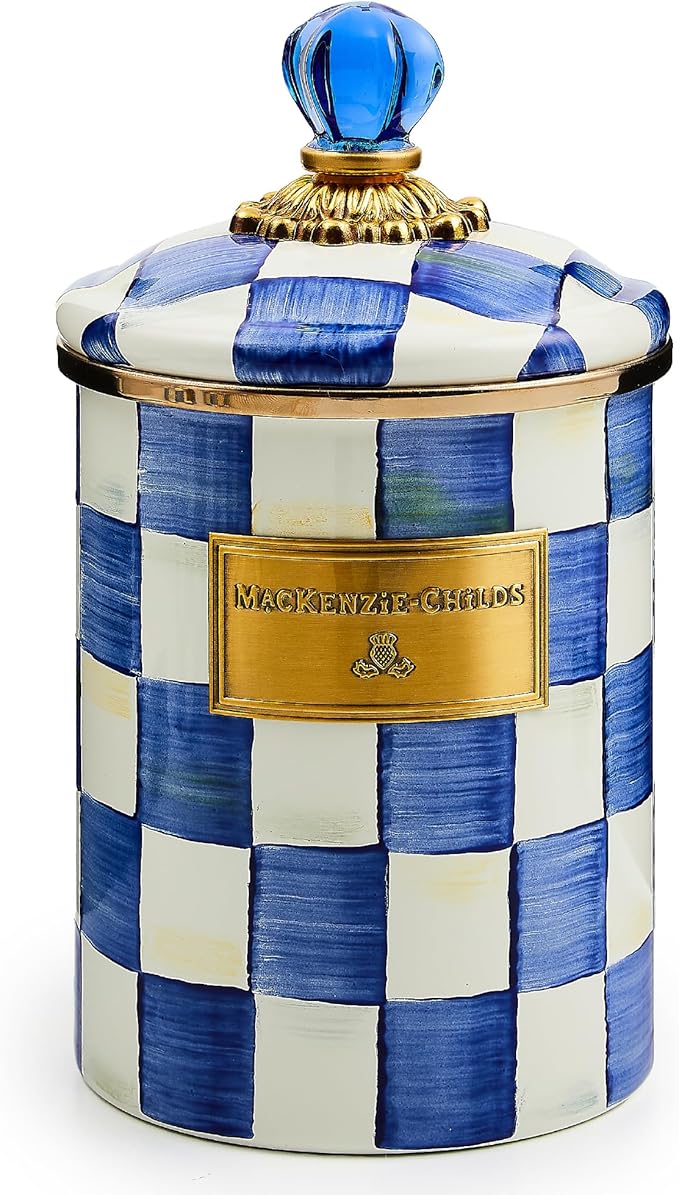 MACKENZIE-CHILDS Medium Enamel Canister, Kitchen Storage Container for Flour and Sugar, 1.42 Liters, Blue-and-White Royal Check