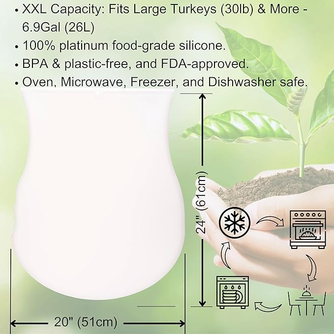 Elkanah Reusable Silicone Turkey Bags for Roasting|Oven Bags|Brining|Cooking|Sous Vide|Seafood Boil|Bread Proofing|Baking Bags Extra Large Size Upto 30lbs | 100% Pure Platinum, 7 Gallon Bag, Reusable Turkey Bag, Baking Utensils