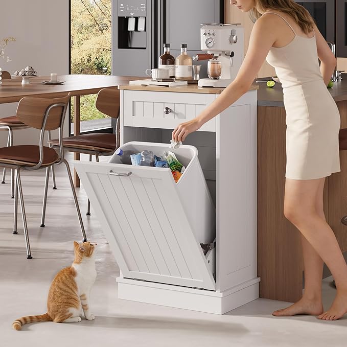 KIGOTY Tilt Out Trash Cabinet,Wooden Kitchen Trash Bin Holder Garbage Bin Recycling Cabinet Laundry Hamper with Solid Wood Countertop and Hideaway Drawer (White)