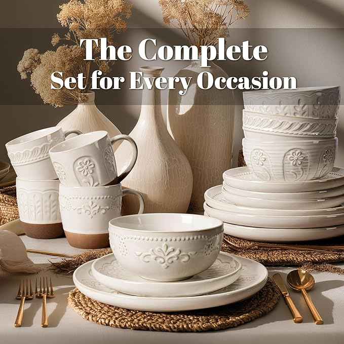 Artena Plates And Bowls Sets, 16 Pieces Dinnerware Sets, Dish Set For 4, Ceramic Kitchen Bowl And Plate Set, Embossed White Dishware Sets, Dishwasher & Microwave Safe (Multiple Patterns) (With Mugs)