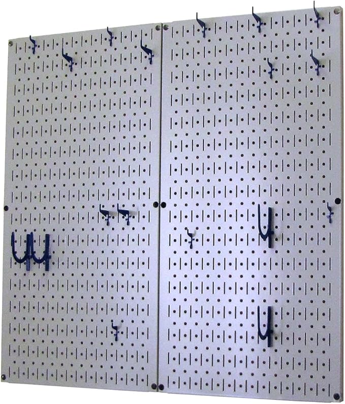 Wall Control Kitchen Pegboard Organizer Pots and Pans Storage Rack Organization Kit with Grey Pegboard and Blue Accessories