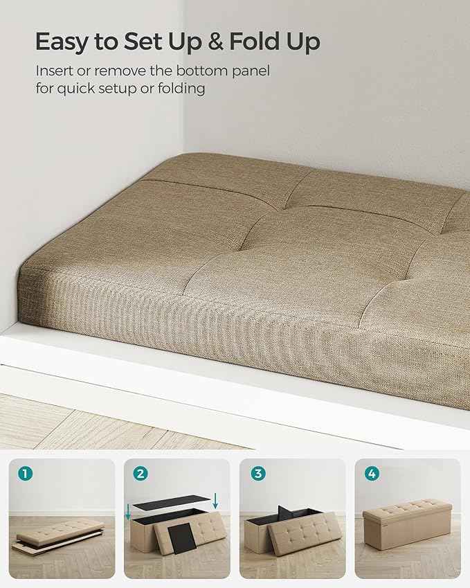SONGMICS MAZIE Collection - 43 Inches Folding Storage Ottoman Bench, Ottoman Foot Rest, End of Bed Bench, Storage Chest, Load 660 lb, for Living Room, Bedroom, Entryway, Camel Brown ULSF077R01