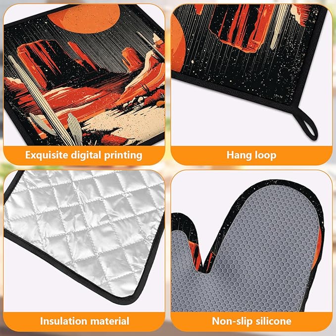 Sunset Western Oven Mitts and Pot Holders Sets 4Pcs Silicone Non-Slip Mitts Heat Resistant Gloves Hot Pads for Kitchen Cooking Baking Grilling BBQ
