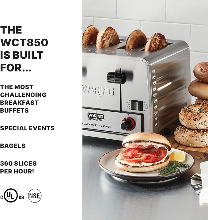 Waring Commercial WCT805 4-Slice Heavy Duty Commercial Pop-Up Bread/Bagel Toaster, 208V, 2800W, 6-20 Phase Plug