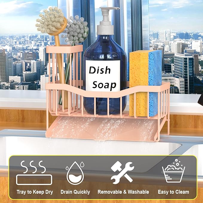 Maifan Sink Caddy Sponge Holder for Kitchen with Brush Holder and Stainless Steel Self Drain Tray, Rustproof Kitchen Sink Organizer for Sponge, Soap Dispenser Storage Accessories Pinky White