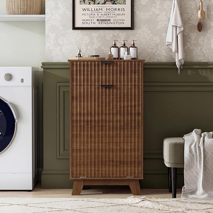 Modern Tilt Out Laundry Hamper Cabinet, 10 Gallon Wooden Trash Can Cabinet with Storage Drawer, Hidden Fluted Bathroom Storage Cabinet for Kitchen, Living Room (Walnut Wood, 20.47"W x 35.83"H x 13"D)