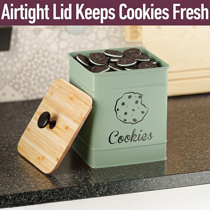 Cookie Jar with Airtight Lid - 1 Gallon - 6"D x 8"H Green Iron Cookie Tin with Bamboo Lid - Large Cookie Jars with Lids Airtight - Farmhouse Cookie Jars for Kitchen Counter Decorative - Cookies Jar