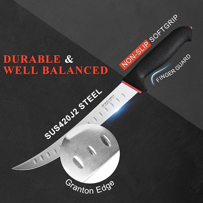 10-inch Curved Breaking Knife W/Sheath & SoftGrip Handle, Sharp Premium Butcher Knife Made of High Carbon Stainless Steel For Meat Cutting