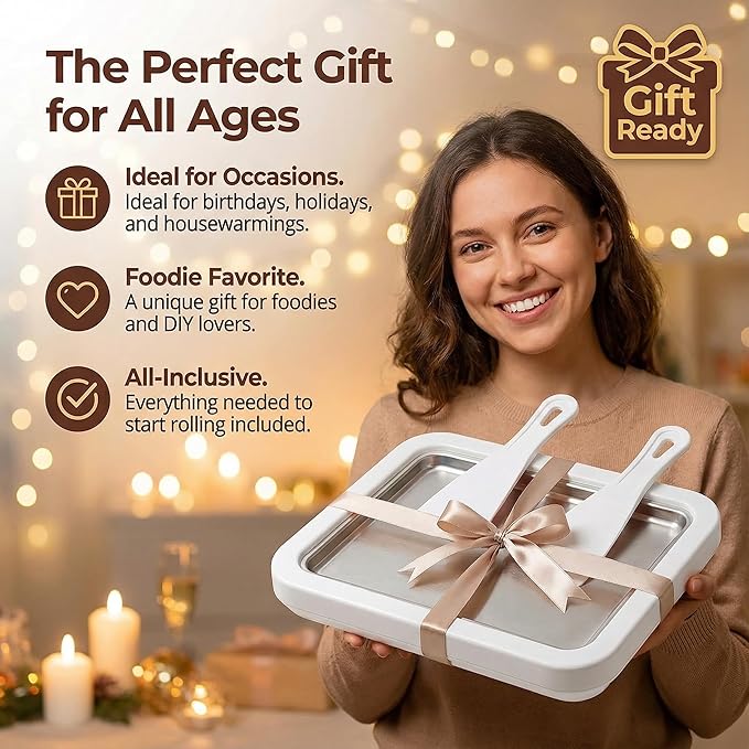 At-Home Rolled Ice Cream Maker Kit, Instant Freeze Plate with 2 Scrapers, DIY Ice Cream Roll Tray for Kids & Adults, Homemade Gelato, Sorbet & Frozen Yogurt, Stainless Steel Dessert Maker (White)