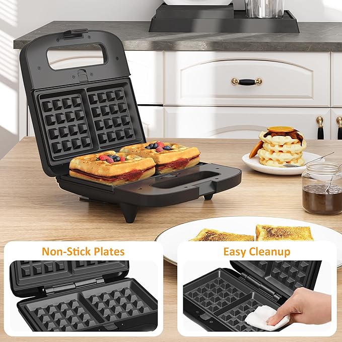 Sunvivi 3 in 1 Electric Sandwich Maker: Panini Press Grill and Waffle Iron Set, Grill and Sandwich Press with Removable Non-Stick Plates, Indicator Lights & Cool Touch Handle, 800W, Silver