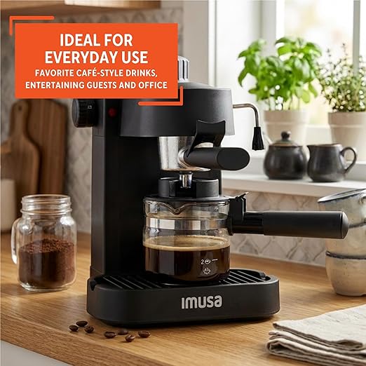 IMUSA Electric Espresso Cappuccino Maker 4 Cup Capacity with Milk Frother Black Coffee Machine for Home Barista Experience
