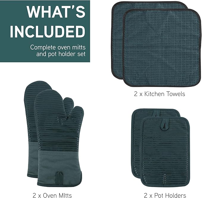 COOK WITH COLOR Silicone Oven Mitts- Heat Resistant Gloves with Soft Quilted Lining Oven Mitt Pot Holders for Cooking and BBQ, Teal, Material Mitt Set