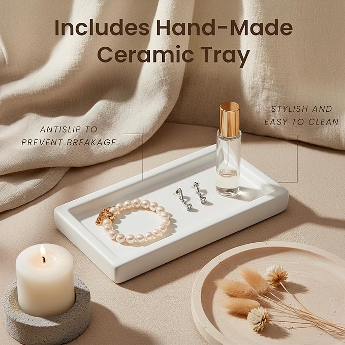MaisoNovo Soap and Lotion Dispenser Set - Bathroom Soap Dispenser Set with White Soap Dispenser, Gold Pumps & Ceramic Tray