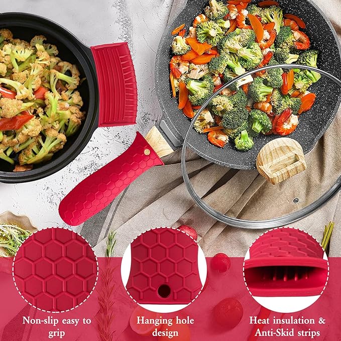2Pcs Magnetic Wooden Trivets for Hot Pots & Pans, Heat Resistant Acacia Wood Trivets with 2 Silicone Pan Handle Covers&4 Cast Iron Handle Sleeve for Dutch Ovens Hot Pots&Pans Cast Iron Skillet