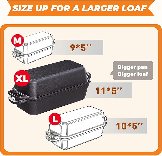 11x5 Inch Cast Iron Loaf Pan, 5.8 Qt Large Dutch Oven Loaf Pan with Lid, Sourdough Bread Baking Pan for Homemade Bread|Meatloaf, Even Heat Distribution & Oven Safe up to 500°F