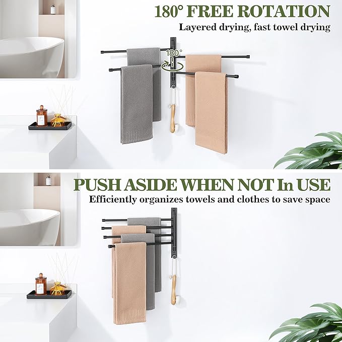 Alise Swivel Towel Rack, SUS304 Stainless Steel 4 Arms Towel Bar, Space Saving Swing Out Towel Bar with Hook, Towel Racks Wall Mounted for Bathroom, Matte Black