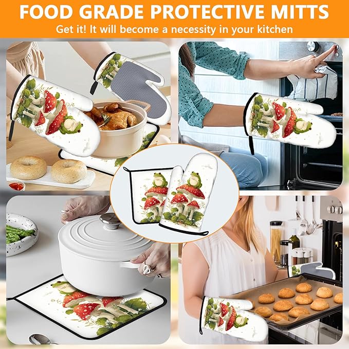 Frog Mushroom Oven Mitts and Pot Holders Sets 4Pcs Silicone Non-Slip Mitts Heat Resistant Gloves Hot Pads for Kitchen Cooking Baking Grilling BBQ