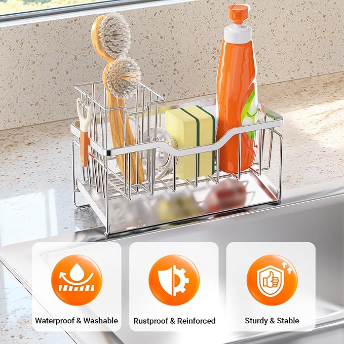 StorageRight Kitchen Sink Caddy Organizer, Rustproof Sponge Holder for Kitchen Sink, Instant Dry High Brush Holders with Drain Tray, Anti-Slip Sink Storage Organization Essentials, Silver